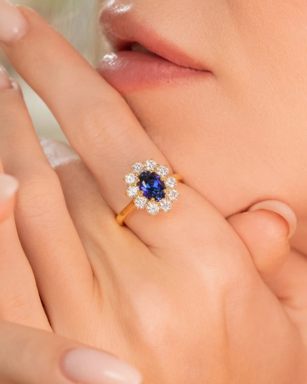 Blue Sapphire Halo Engagement Ring in 18k Gold Vermeil - SJR London Timepiece