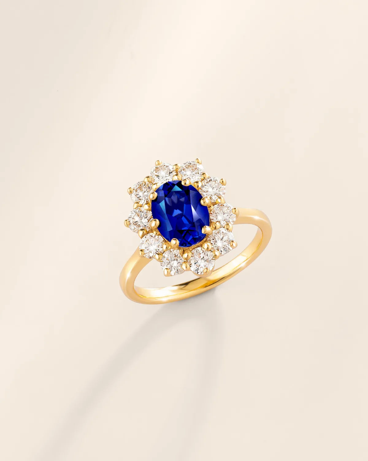 Blue Sapphire Halo Engagement Ring in 18k Gold Vermeil - SJR London Timepiece