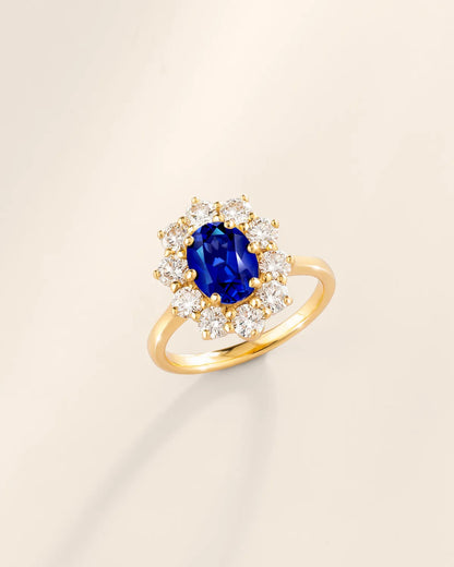 Blue Sapphire Halo Engagement Ring in 18k Gold Vermeil - SJR London Timepiece