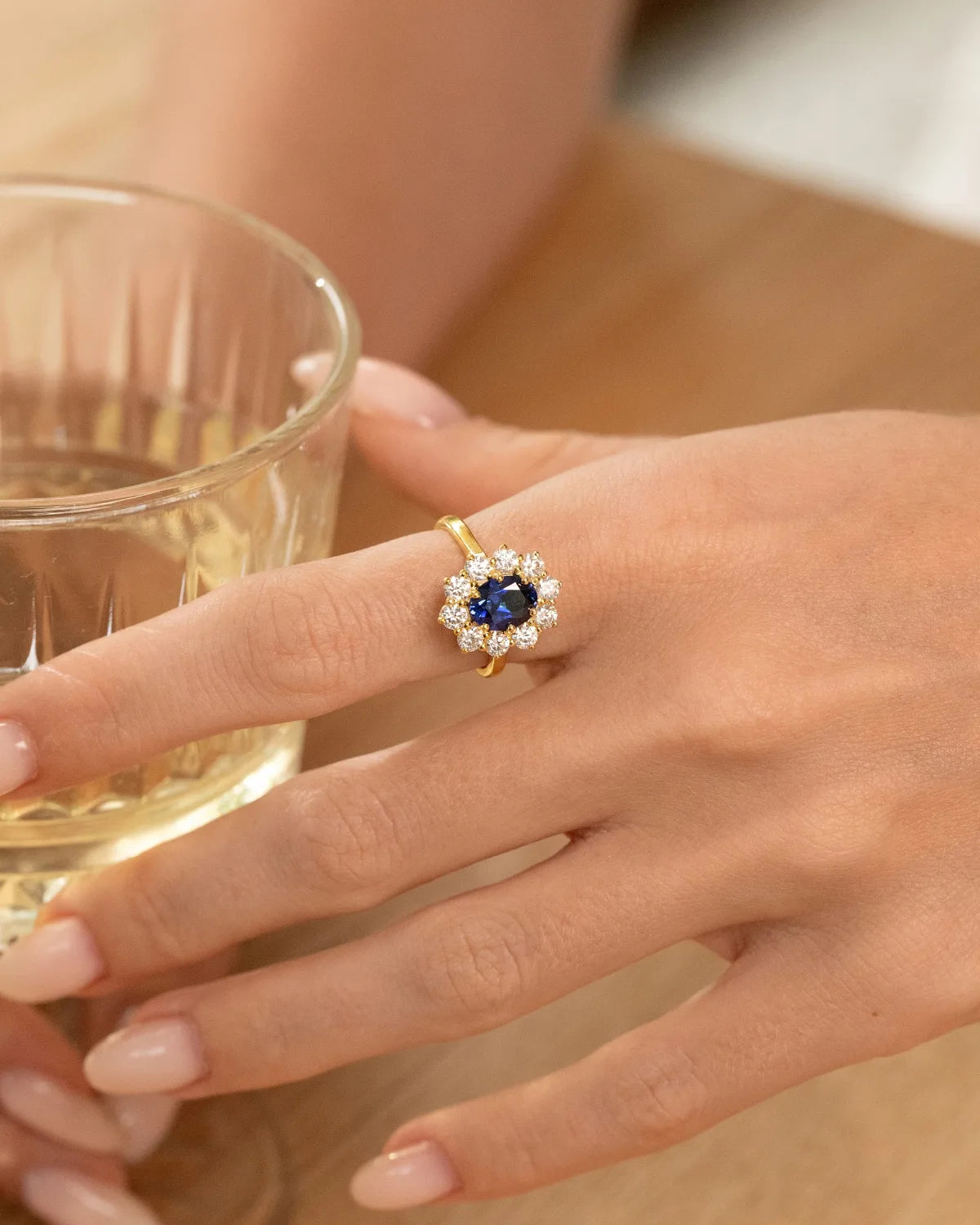 Blue Sapphire Halo Engagement Ring in 18k Gold Vermeil - SJR London Timepiece
