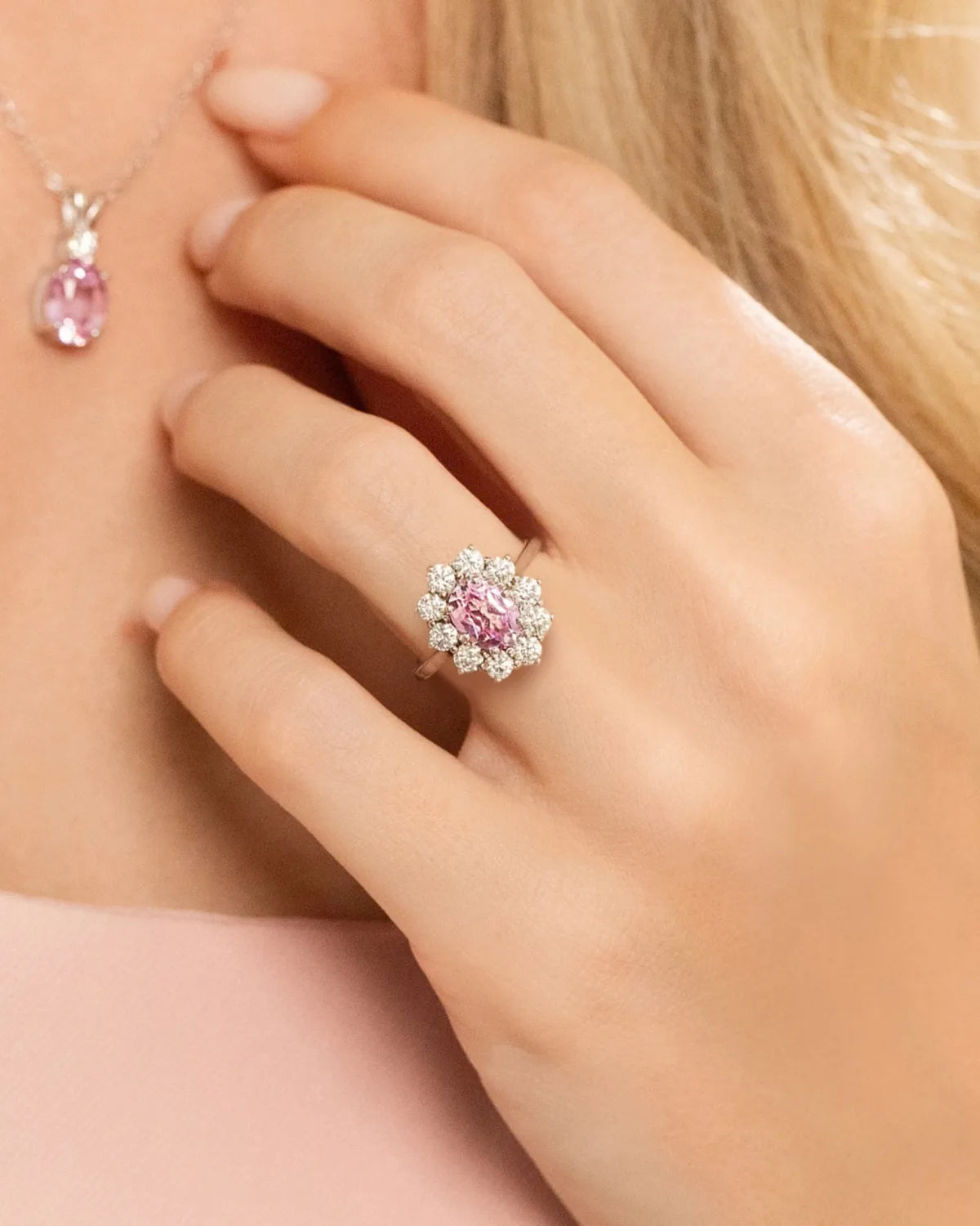 Pink Sapphire Halo Engagement Ring in Sterling Silver - SJR London Timepiece