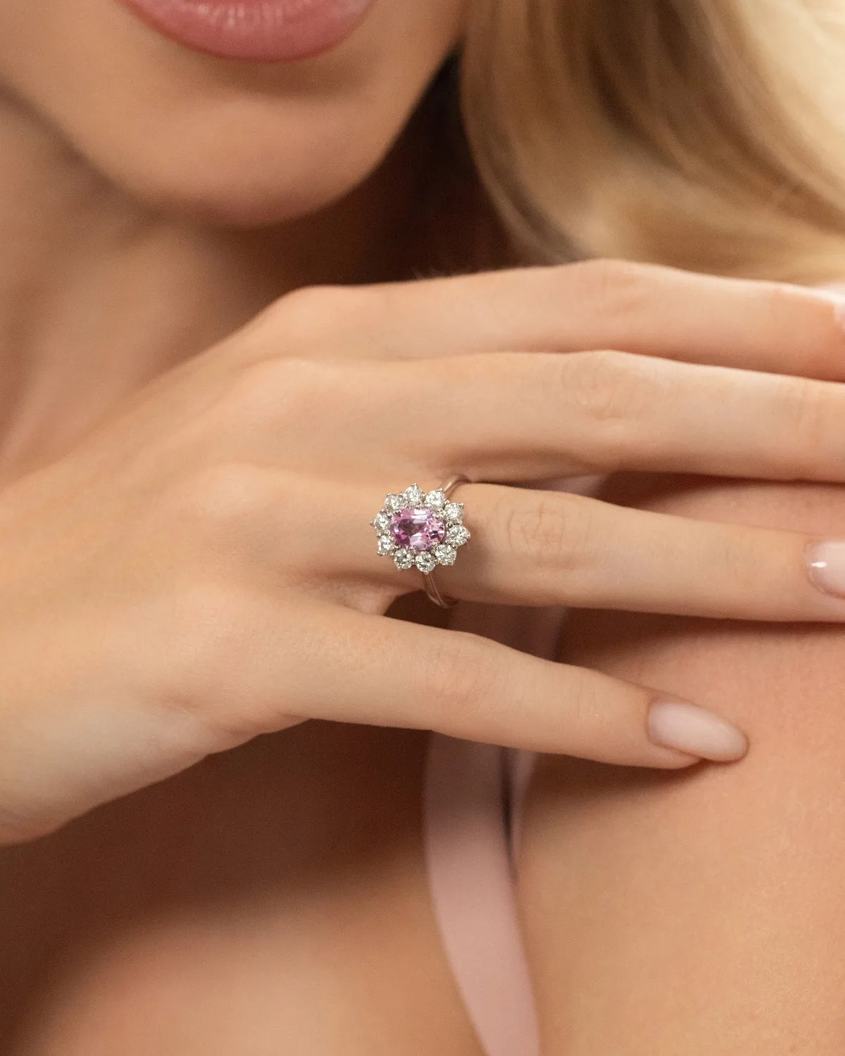 Pink Sapphire Halo Engagement Ring in Sterling Silver - SJR London Timepiece