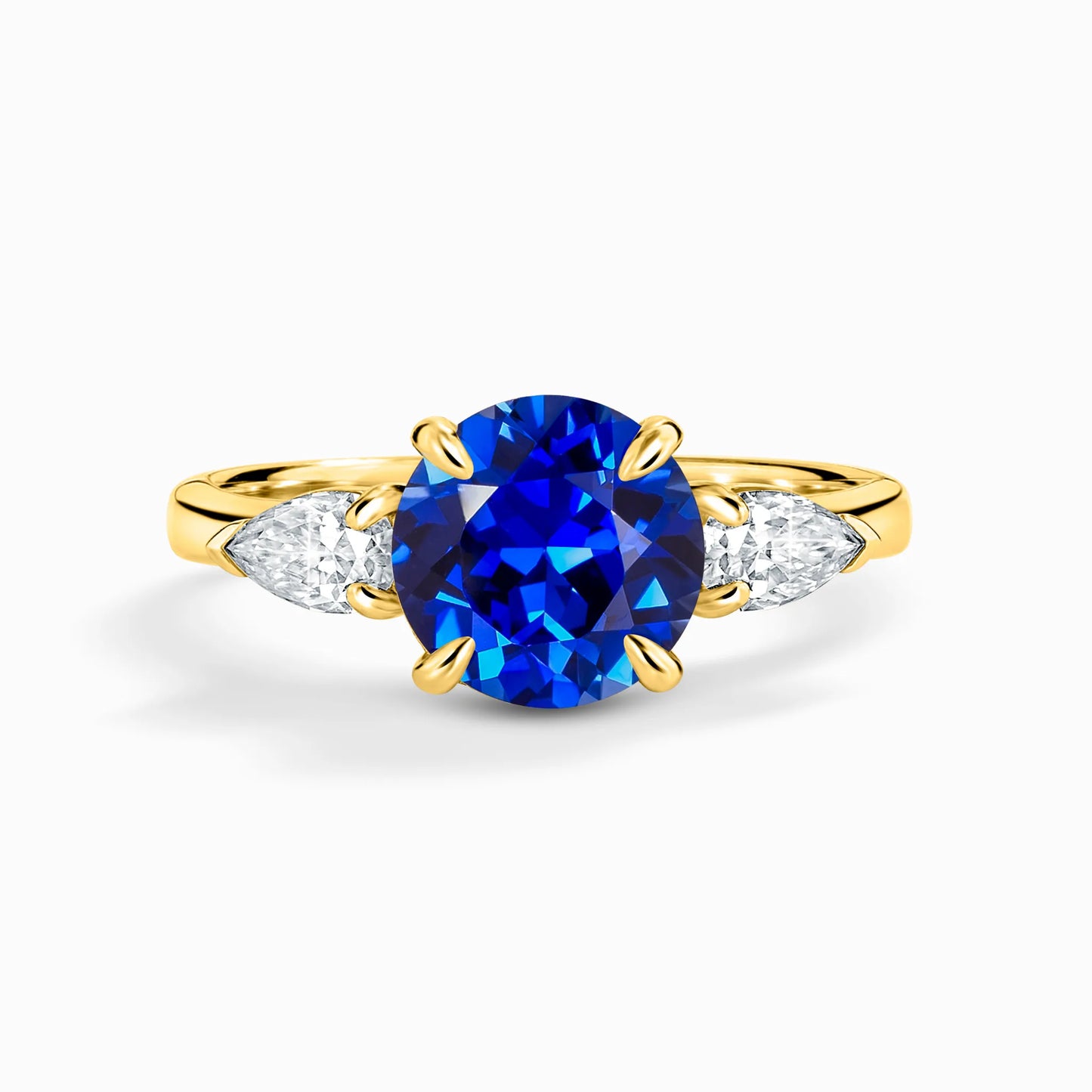 Blue Sapphire Round Cut Three Stone Engagement Ring in 18k Gold Vermeil - SJR London Timepiece