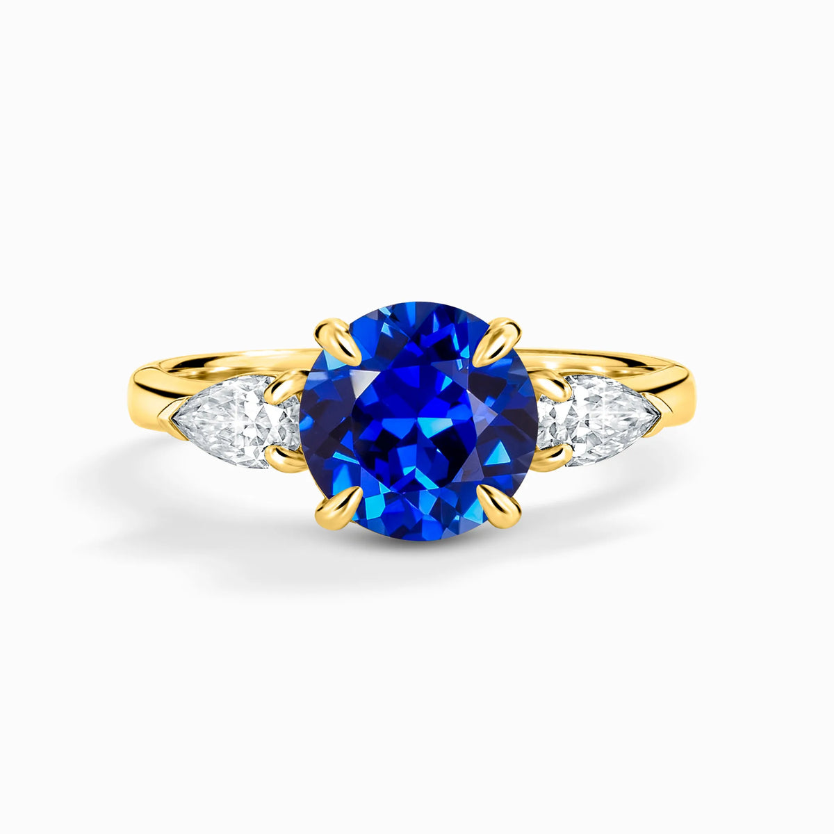 Blue Sapphire Round Cut Three Stone Engagement Ring in 18k Gold Vermeil - SJR London Timepiece