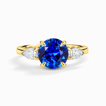 Blue Sapphire Round Cut Three Stone Engagement Ring in 18k Gold Vermeil - SJR London Timepiece
