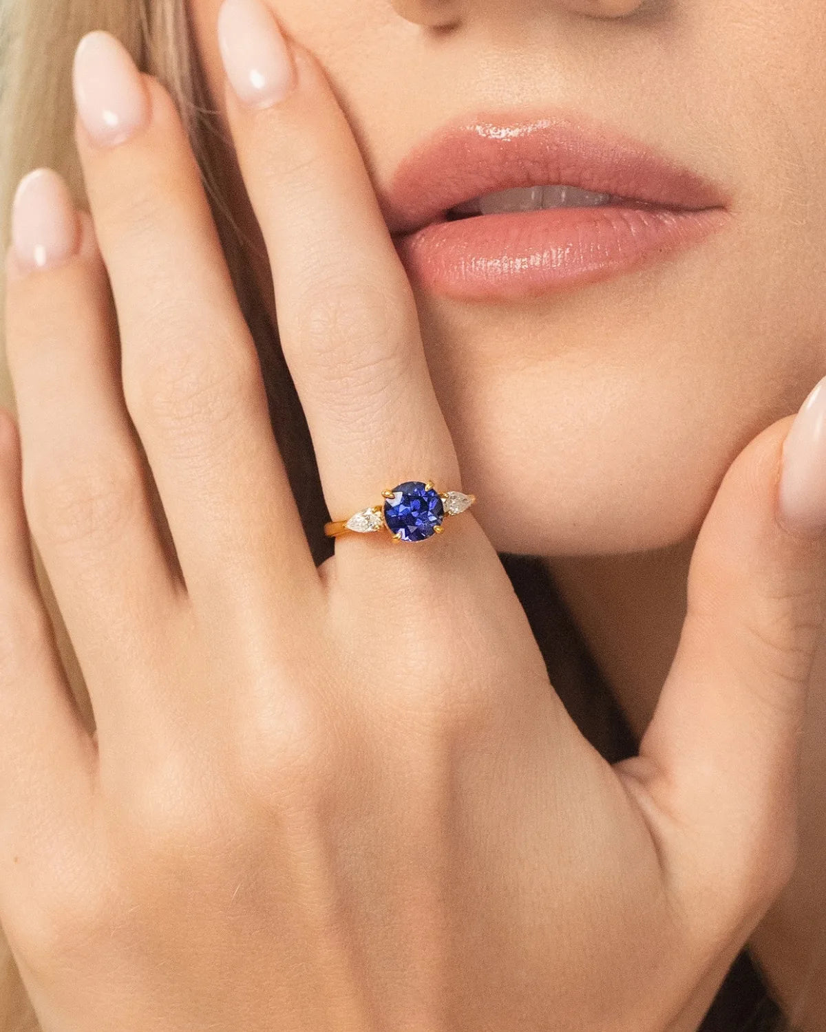 Blue Sapphire Round Cut Three Stone Engagement Ring in 18k Gold Vermeil - SJR London Timepiece