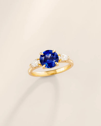 Blue Sapphire Round Cut Three Stone Engagement Ring in 18k Gold Vermeil - SJR London Timepiece