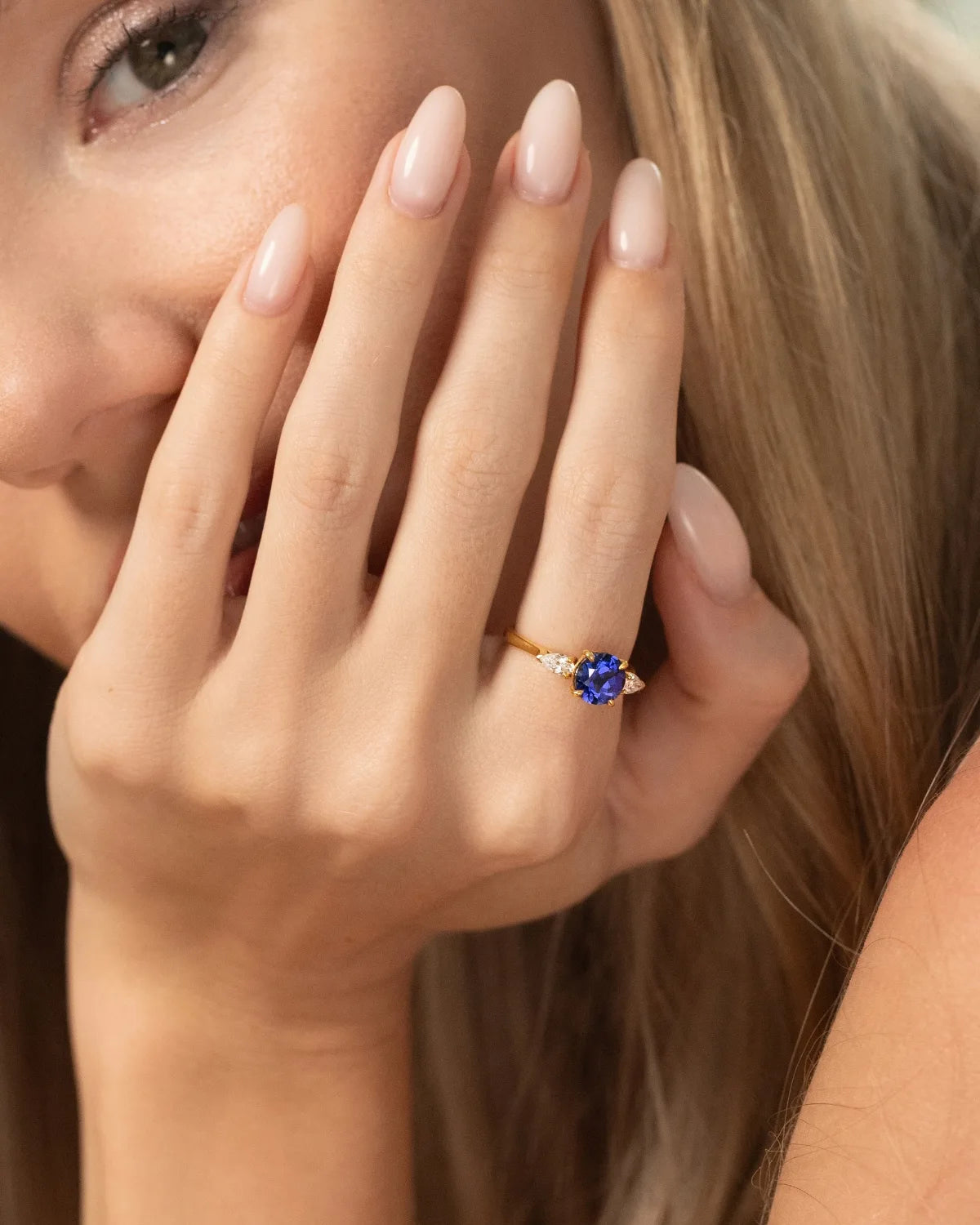 Blue Sapphire Round Cut Three Stone Engagement Ring in 18k Gold Vermeil - SJR London Timepiece