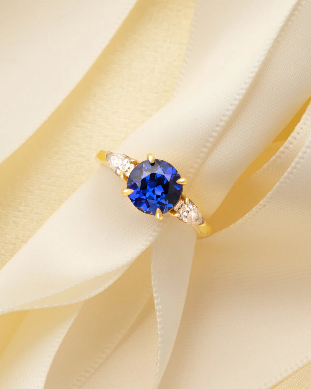 Blue Sapphire Round Cut Three Stone Engagement Ring in 18k Gold Vermeil - SJR London Timepiece
