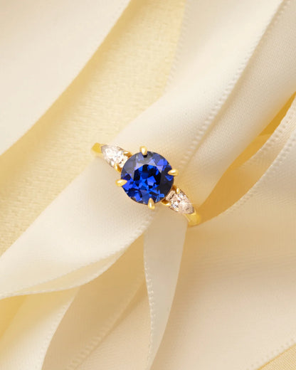 Blue Sapphire Round Cut Three Stone Engagement Ring in 18k Gold Vermeil - SJR London Timepiece