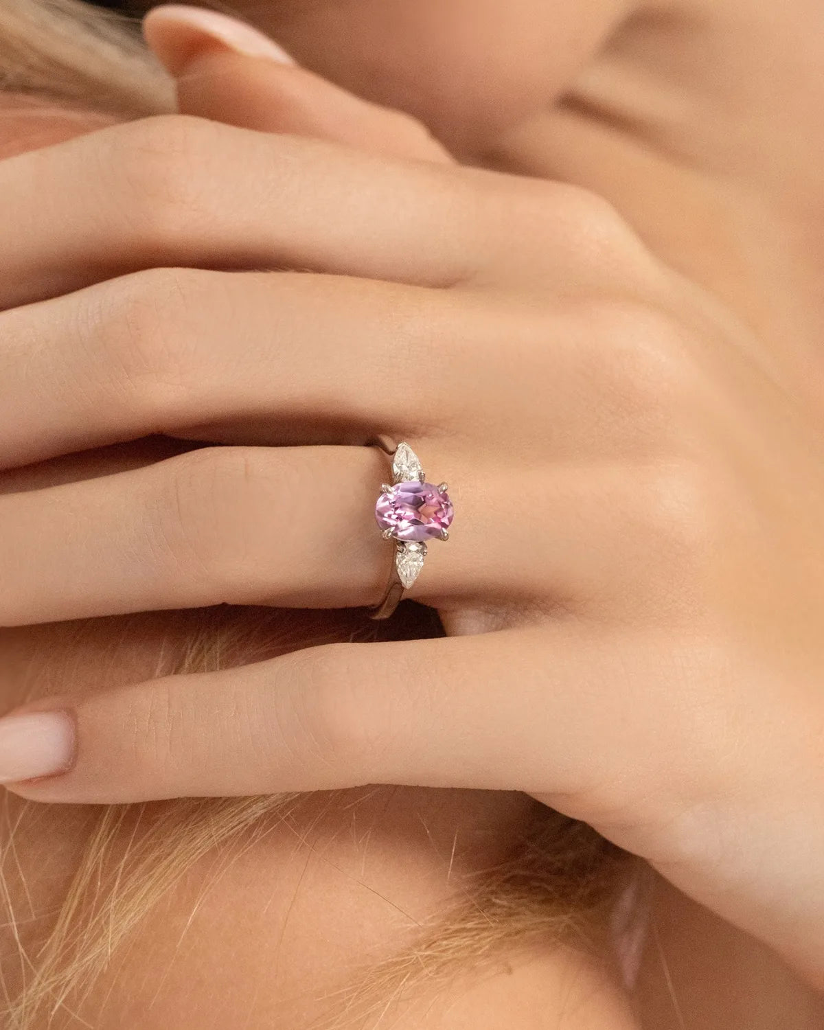 Pink Sapphire Oval Cut Three Stone Engagement Ring in Sterling Silver - SJR London Timepiece