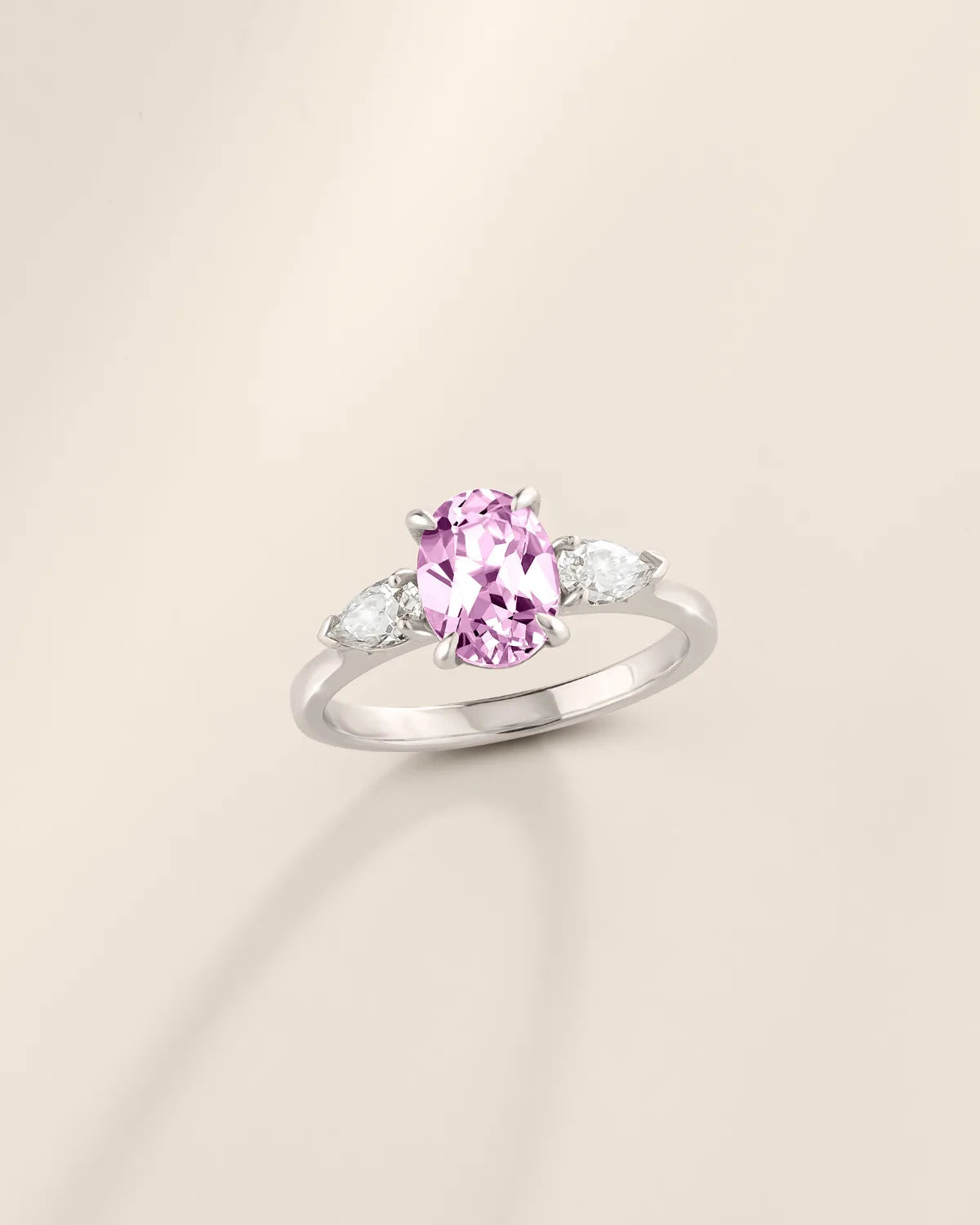 Pink Sapphire Oval Cut Three Stone Engagement Ring in Sterling Silver - SJR London Timepiece