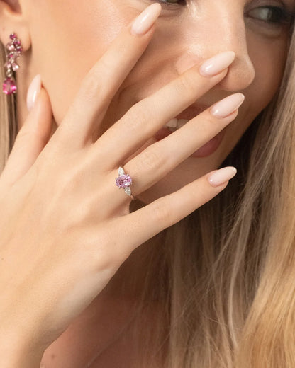 Pink Sapphire Oval Cut Three Stone Engagement Ring in Sterling Silver - SJR London Timepiece