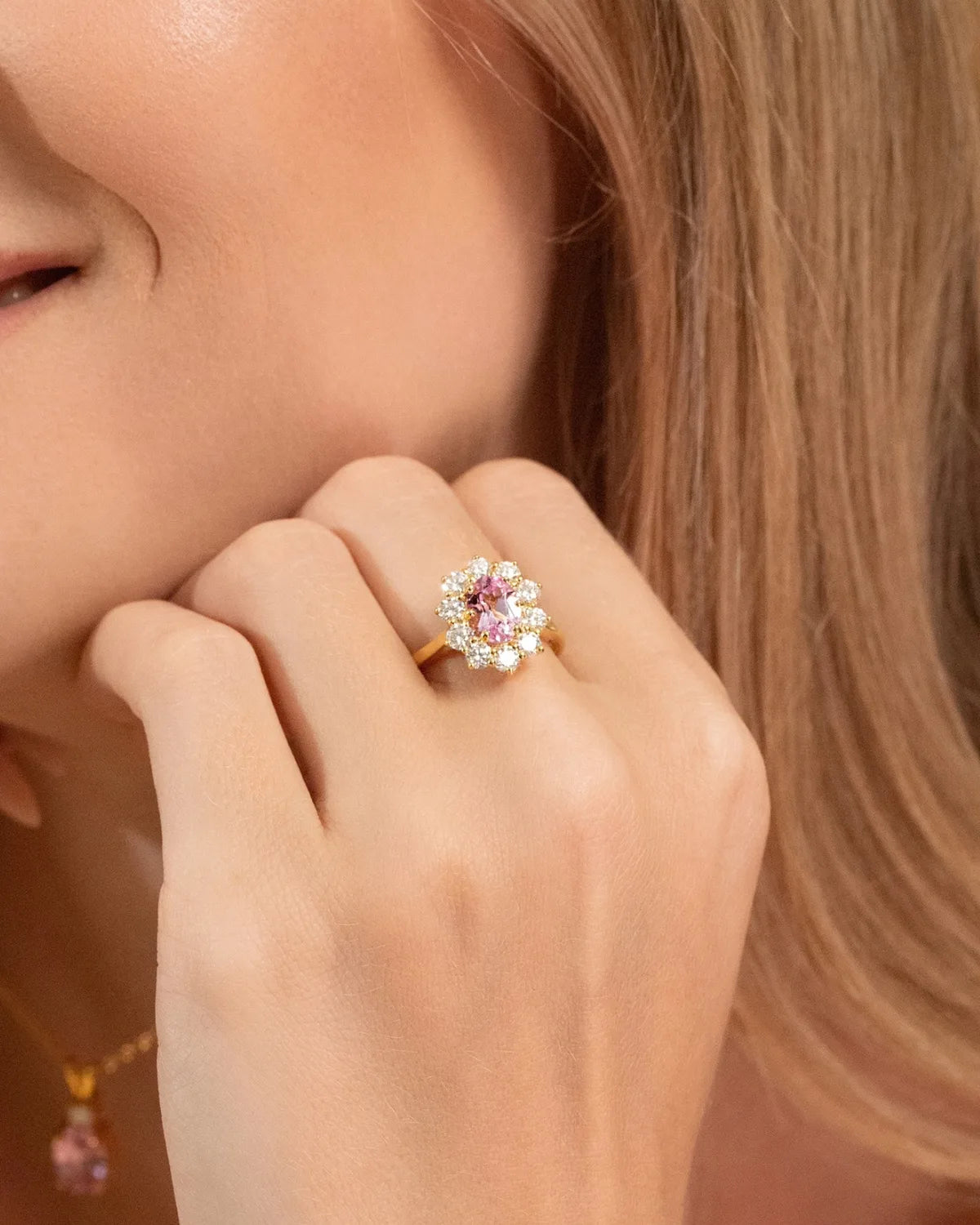 Pink Sapphire Halo Engagement Ring in 18k Gold Vermeil - SJR London Timepiece