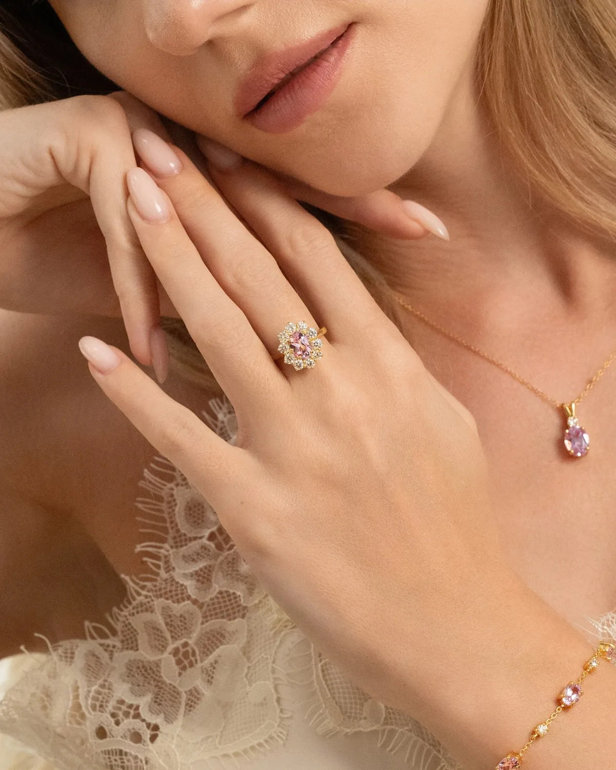 Pink Sapphire Halo Engagement Ring in 18k Gold Vermeil - SJR London Timepiece
