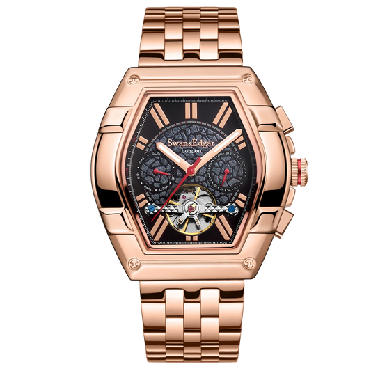 Limited Edition Swan & Edgar Hand Assembled Knight Exhibition Automatic Rose Black - SJR London Timepiece