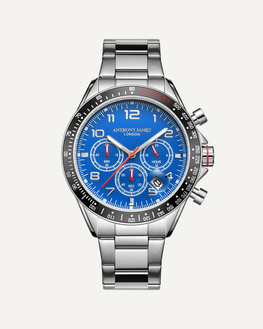 Hand Assembled Anthony James Limited Edition Tachymeter Chrono Steel Blue - SJR London Timepiece