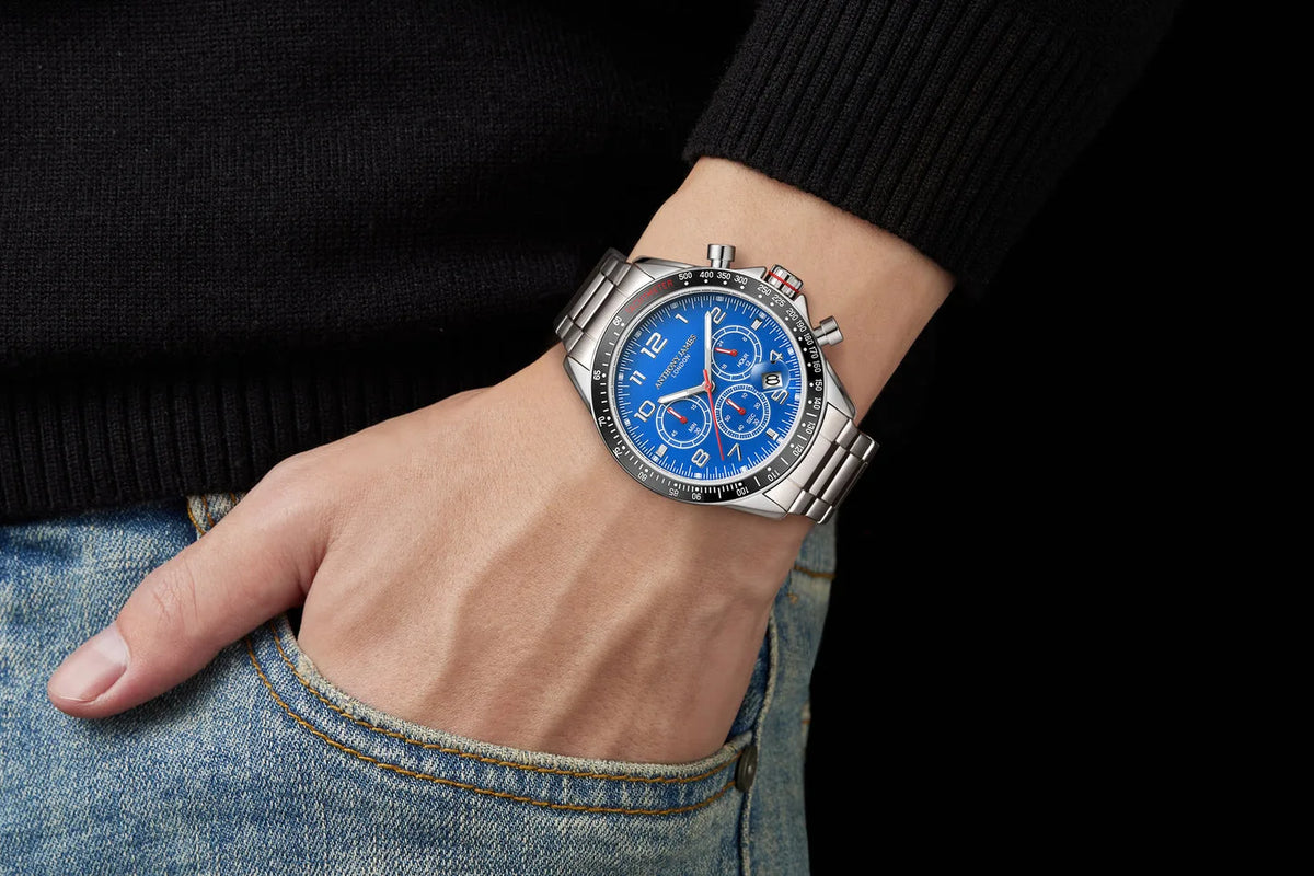 Hand Assembled Anthony James Limited Edition Tachymeter Chrono Steel Blue - SJR London Timepiece