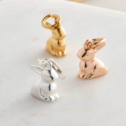 Silver bunny rabbit charm with delicate detailing, displayed on a soft white background by Scarlett Jewellery.
