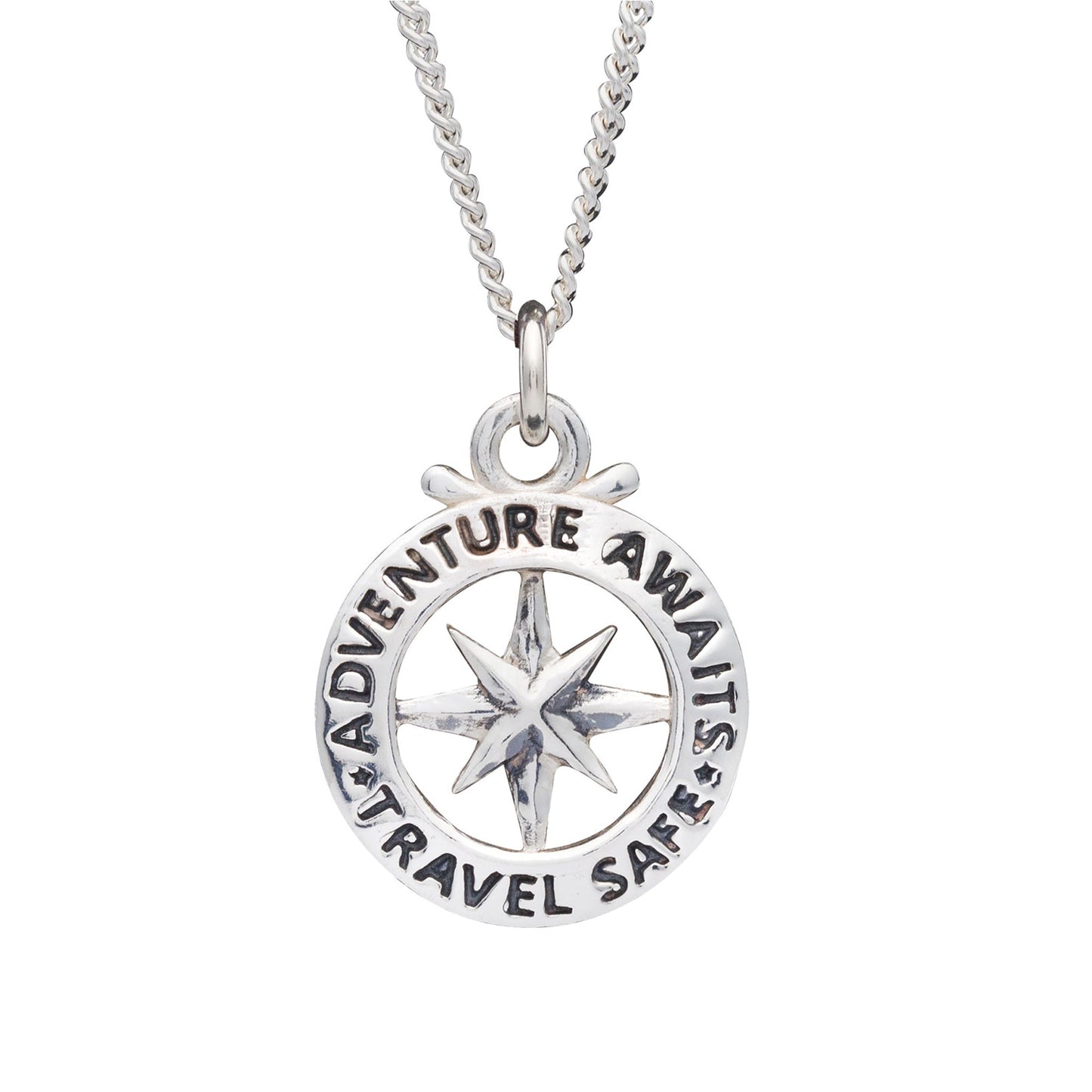 A large silver necklace featuring an outline compass and the name St Christopher, displayed against a dark background by Scar