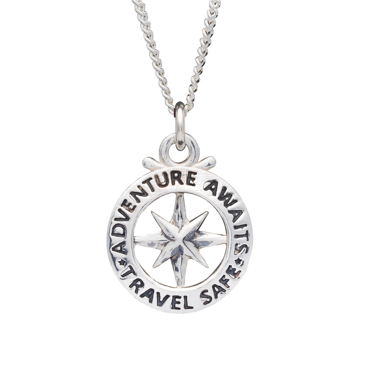 A large silver necklace featuring an outline compass and the name St Christopher, displayed against a dark background by Scar