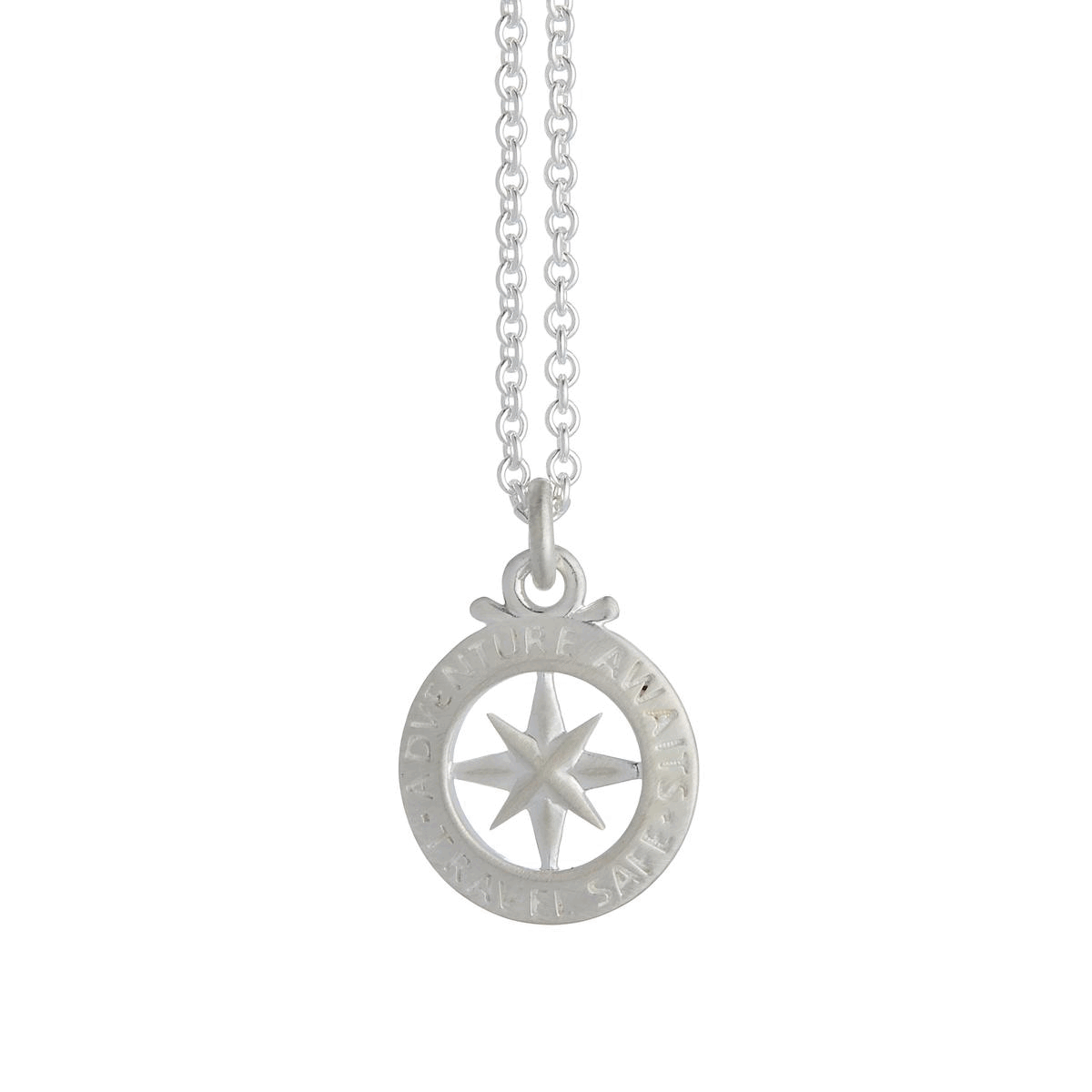 A large silver necklace featuring a St Christopher outline compass design, styled on a black background by Scarlett Jewellery