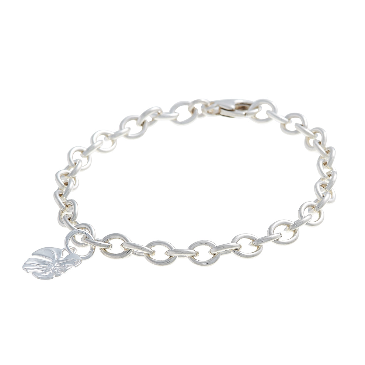 Silver charm bracelet featuring a monstera palm design by Scarlett Jewellery.