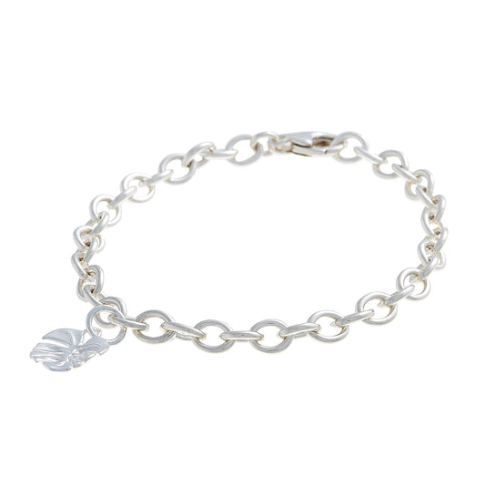 Silver charm bracelet featuring a monstera palm design by Scarlett Jewellery.