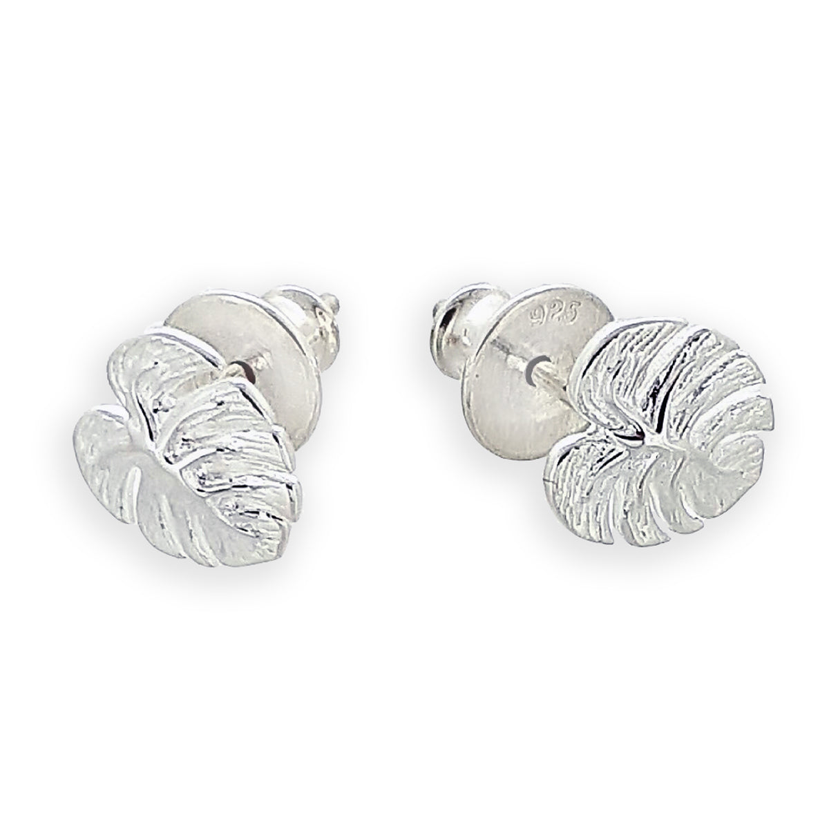Silver monstera palm leaf stud earrings with delicate detailing by Scarlett Jewellery.