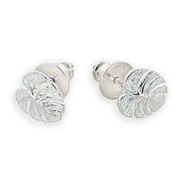 Silver monstera palm leaf stud earrings with delicate detailing by Scarlett Jewellery.