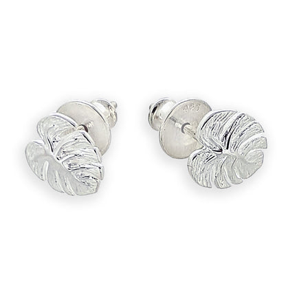 Silver monstera palm leaf stud earrings with delicate detailing by Scarlett Jewellery.
