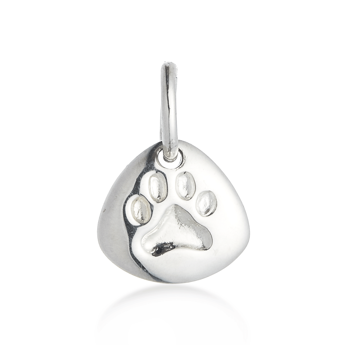 Silver pet paw print charm with personalized engraving by Scarlett Jewellery.