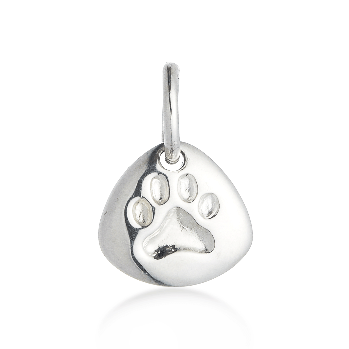 Silver pet paw print charm with personalized engraving by Scarlett Jewellery.