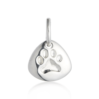 Silver pet paw print charm with personalized engraving by Scarlett Jewellery.
