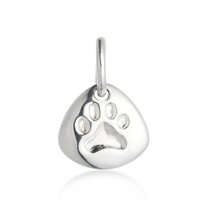 Silver pet paw print charm with personalized engraving by Scarlett Jewellery.