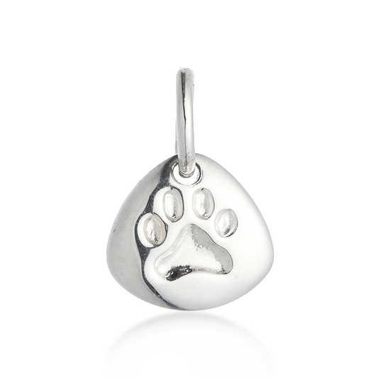 Silver pet paw print charm with personalized engraving by Scarlett Jewellery.