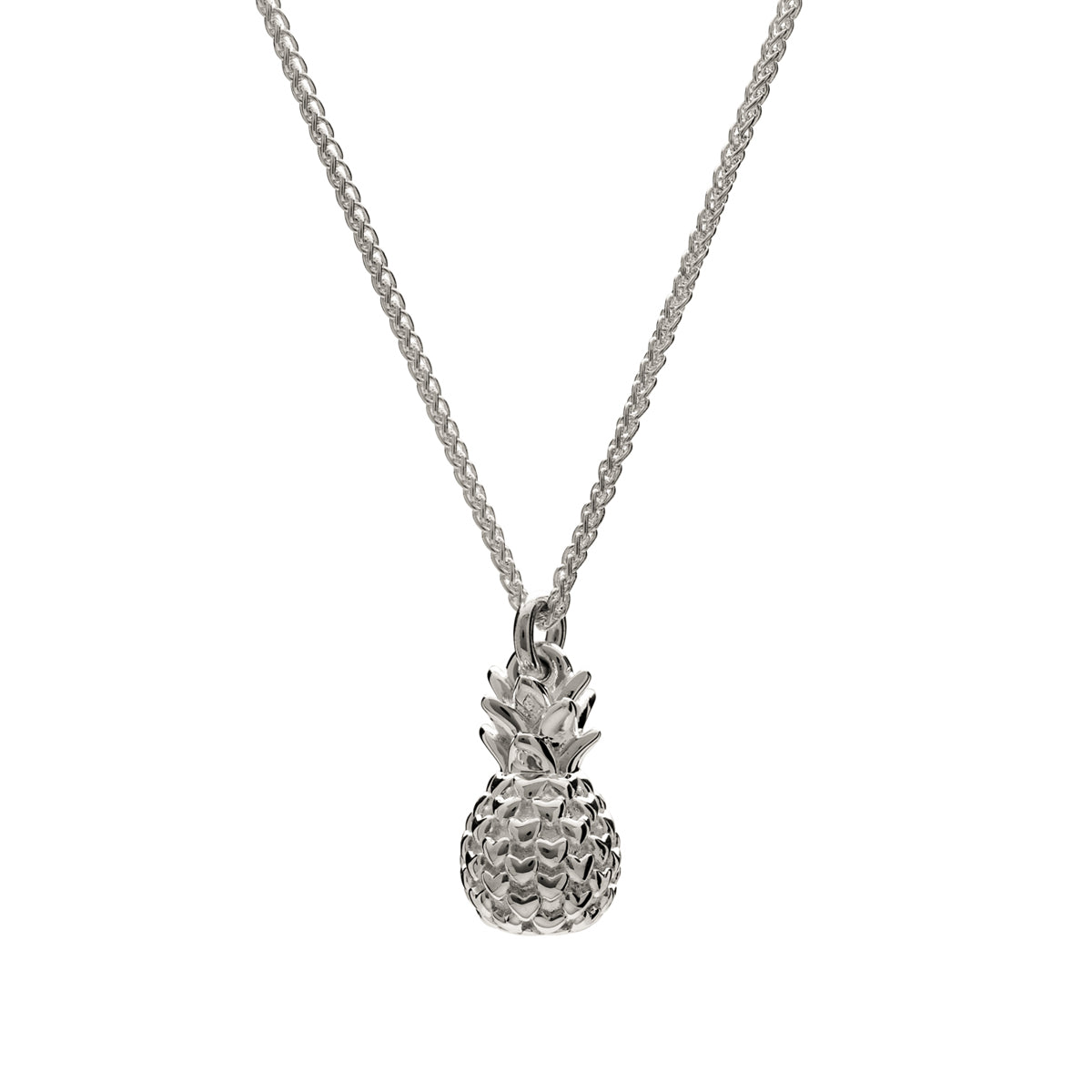 Silver pineapple charm with intricate detailing, displayed on a white background, by Scarlett Jewellery.