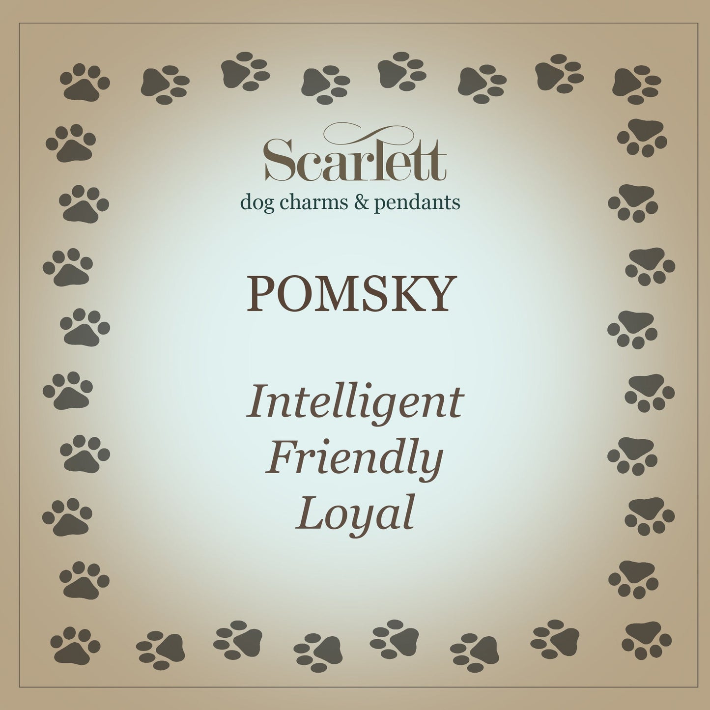 A silver pomsky dog charm with detailed facial features, displayed on a soft blue background by Scarlett Jewellery.