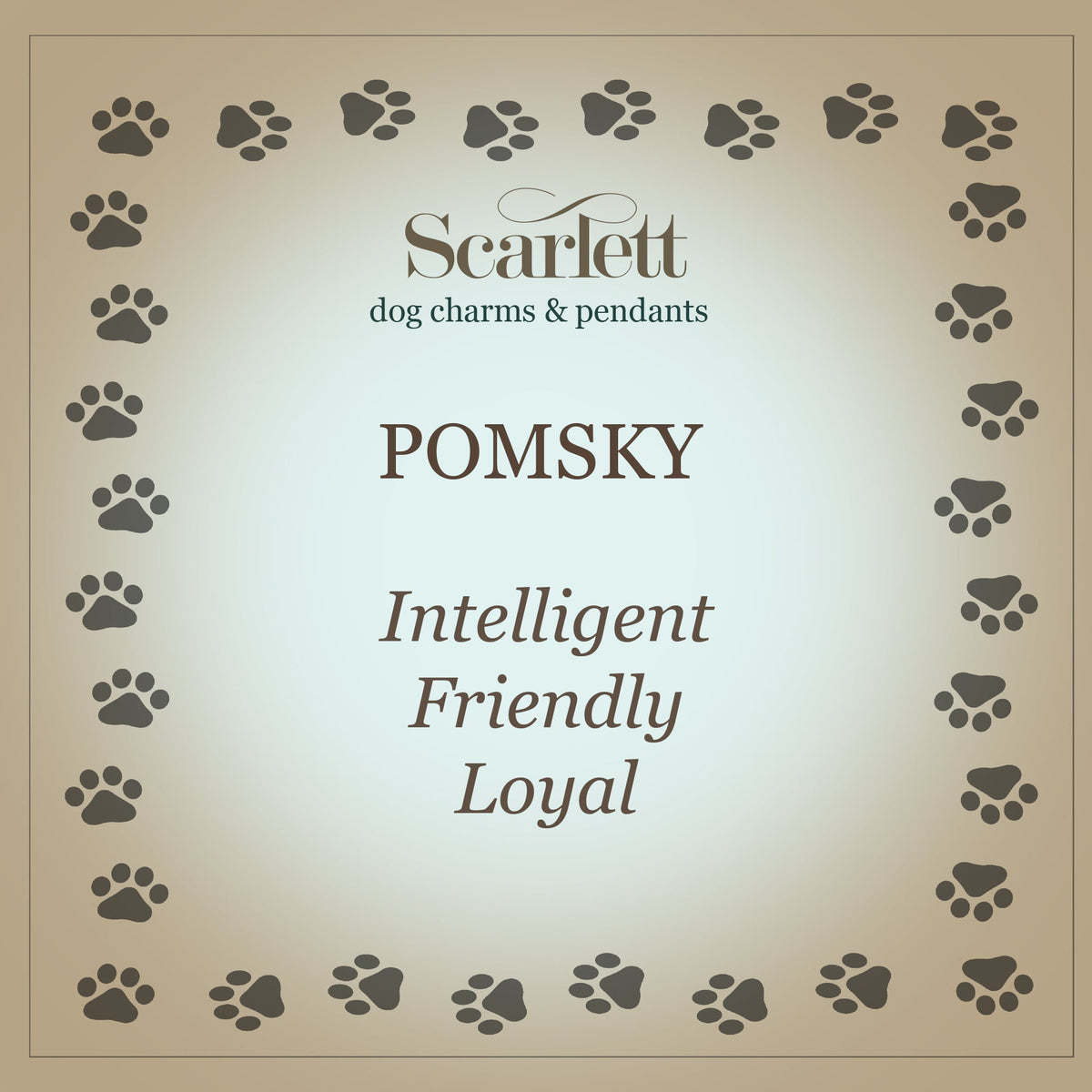 A silver pomsky dog charm with detailed facial features, displayed on a soft blue background by Scarlett Jewellery.