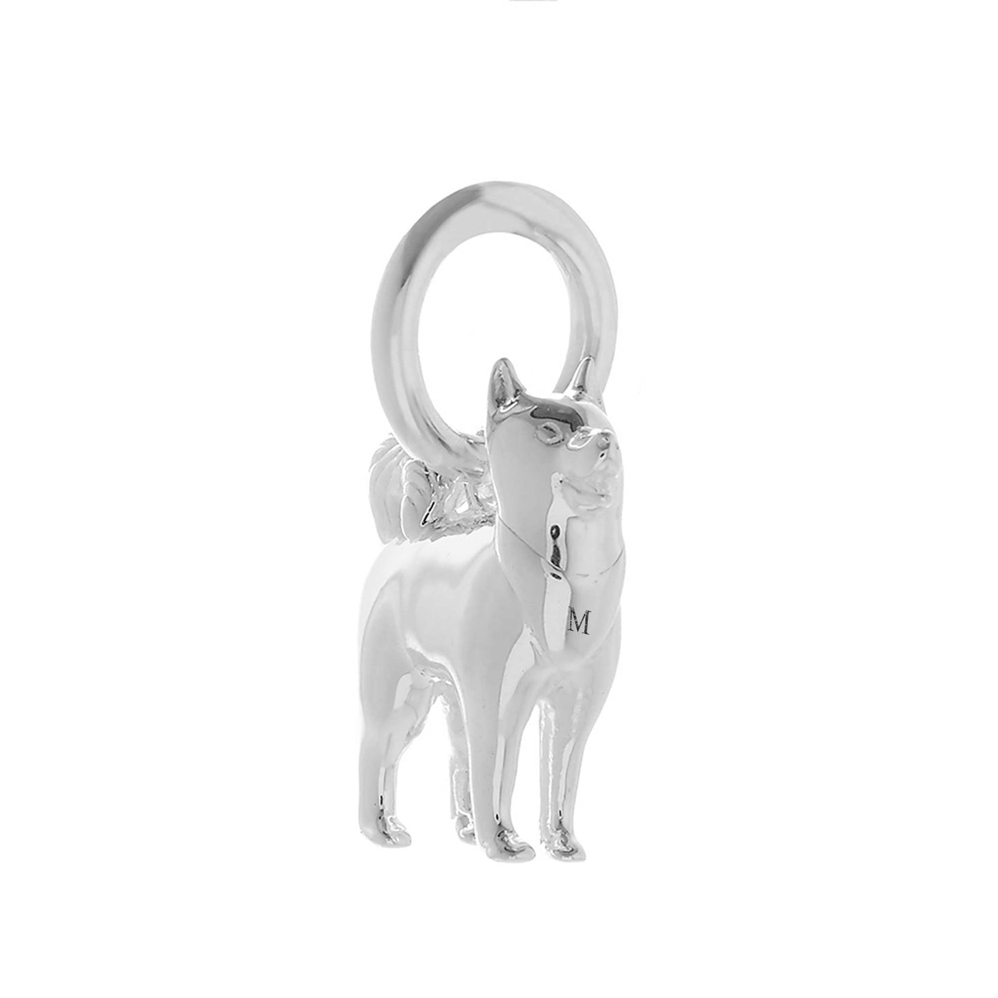 A silver pomsky dog charm hangs from a chain, detailed with realistic fur texture and expressive eyes by Scarlett Jewellery.