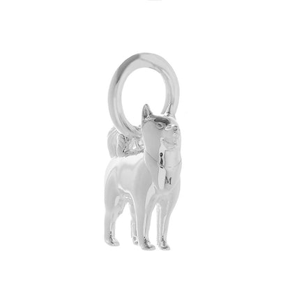 A silver pomsky dog charm hangs from a chain, detailed with realistic fur texture and expressive eyes by Scarlett Jewellery.