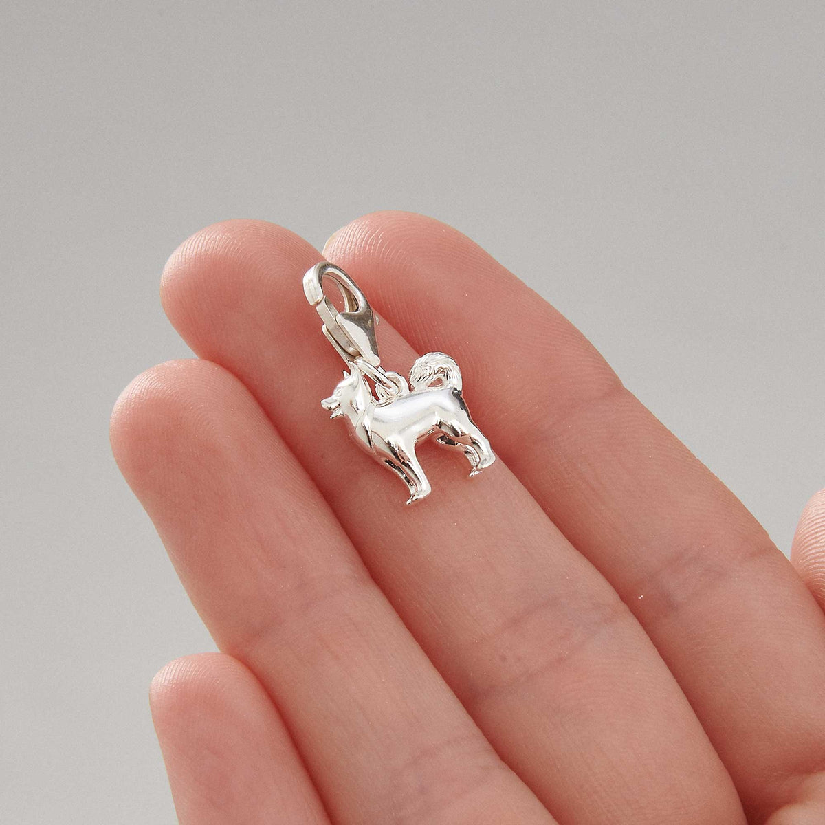 A silver pomsky dog charm hangs on a chain, detailed with realistic fur texture and expressive eyes by Scarlett Jewellery.