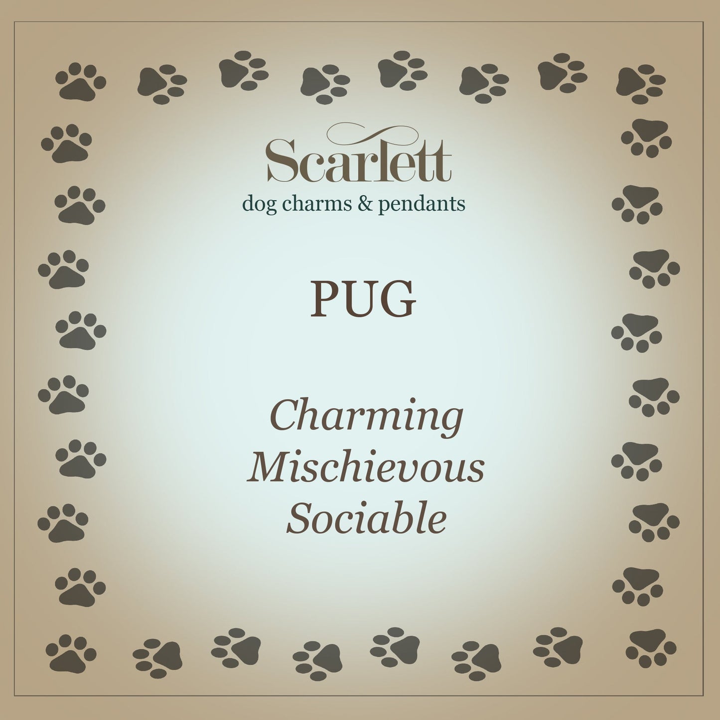 A silver pug dog charm bracelet by Scarlett Jewellery with a detailed paw print and chain design