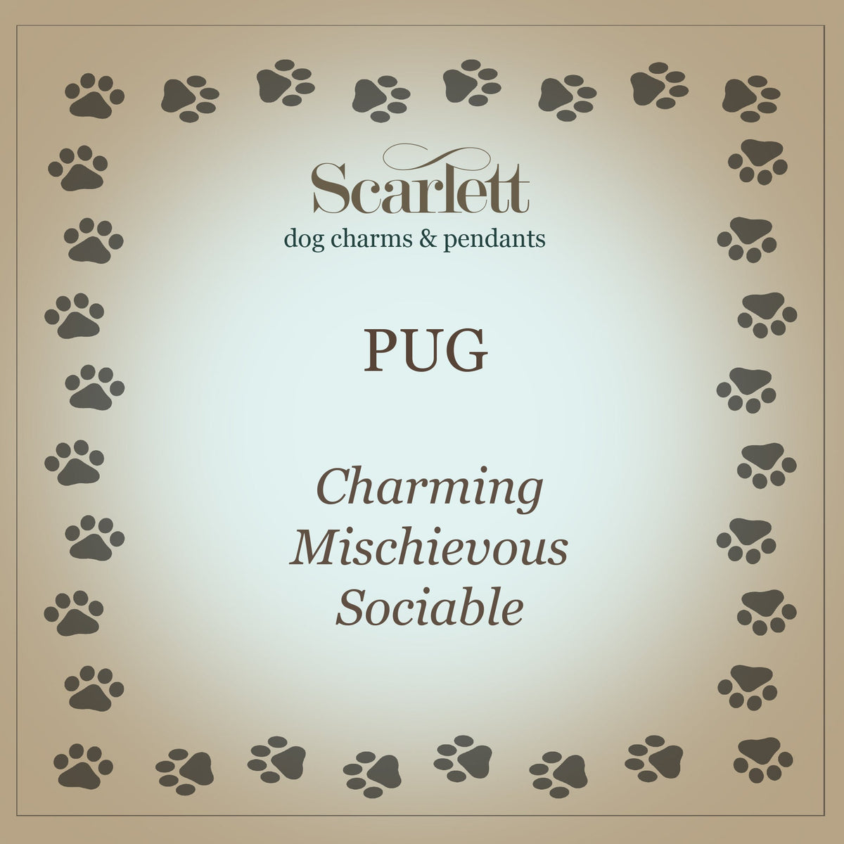 A silver pug dog charm bracelet by Scarlett Jewellery with a detailed paw print and chain design