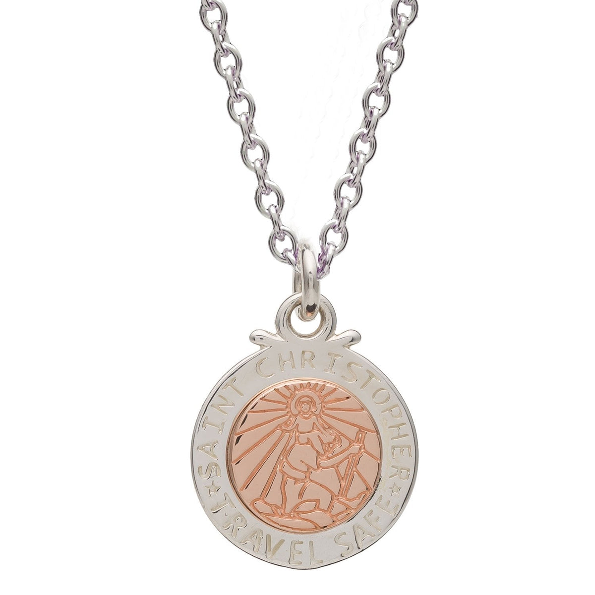 A silver and rose gold St Christopher necklace with personalized engraving, displayed on a soft white background by Scarlett 
