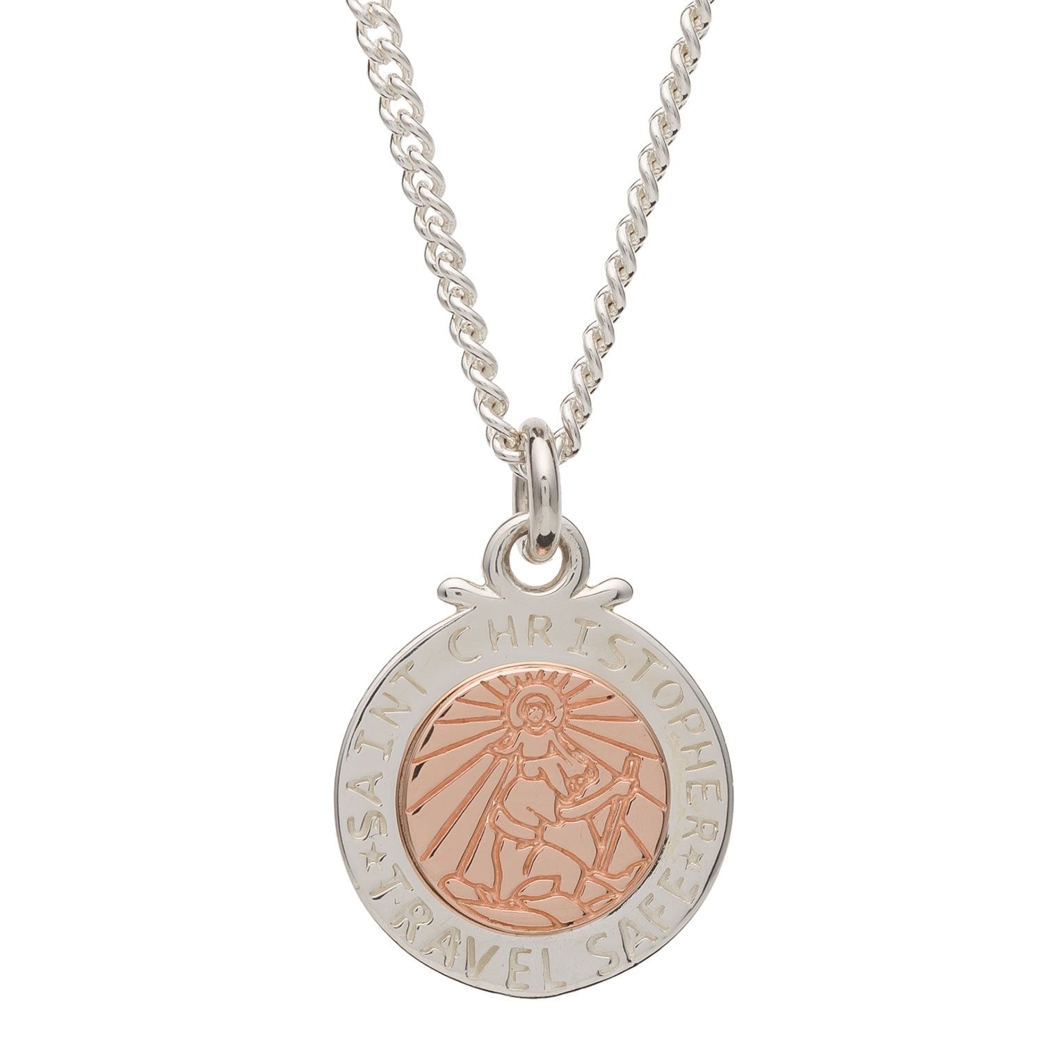 A silver and rose gold St Christopher necklace with personalized engraving, displayed on a soft white background by Scarlett 