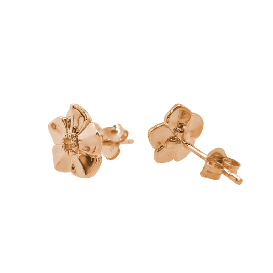 Small rose gold vermeil silver stud earrings with a delicate forget-me-not design by Scarlett Jewellery.