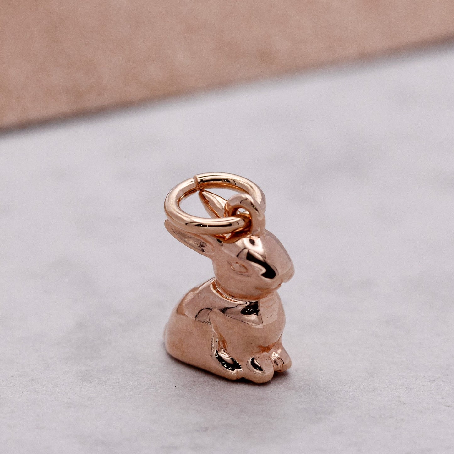 A silver bunny rabbit charm with detailed texture, displayed on a soft white background by Scarlett Jewellery.