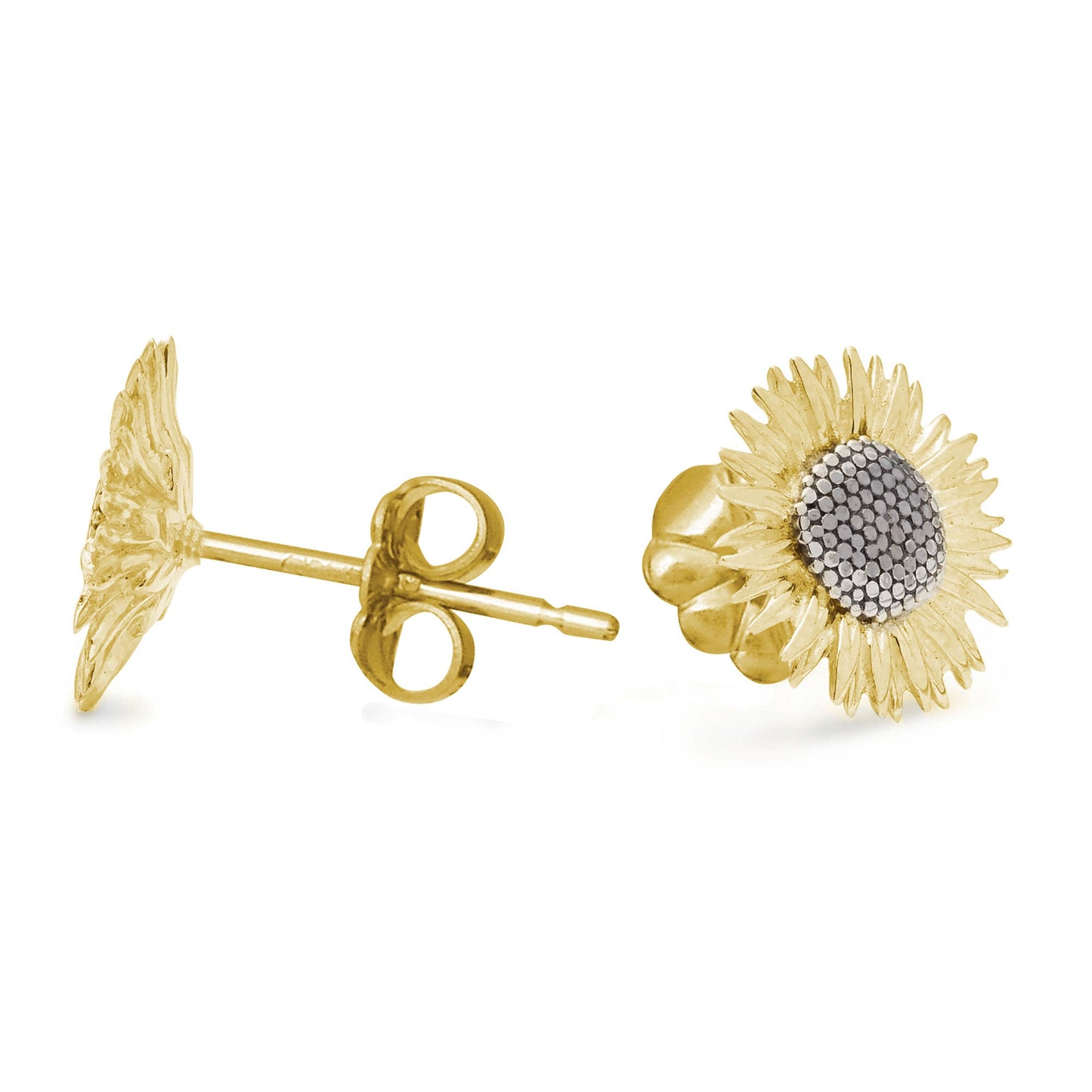 Sunflower silver and gold vermeil stud earrings with intricate floral details by Scarlett Jewellery.