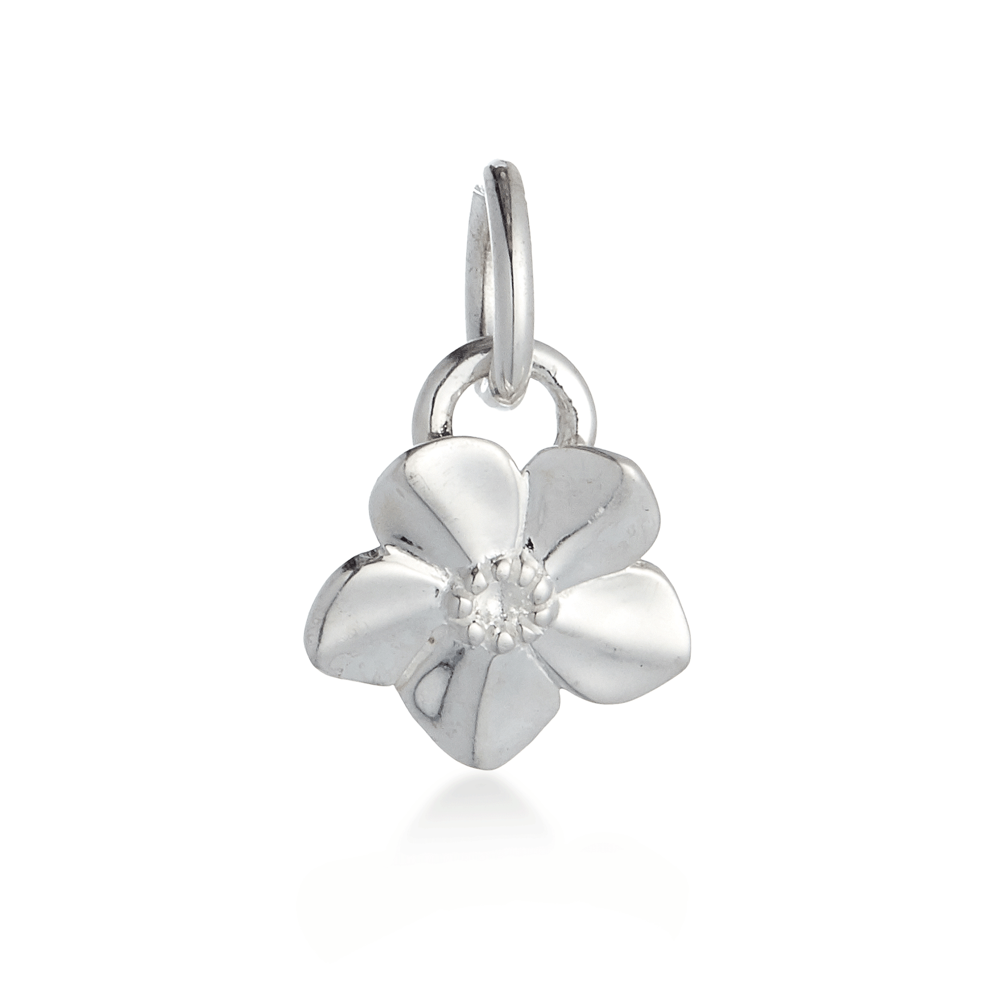 A silver forget-me-not flower charm with delicate petals, personalized engraving, and a polished finish by Scarlett Jewellery